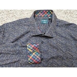 Leo Chevalier Design Button Up Shirt Mens LT Navy Brown Print Non-Iron Cotton